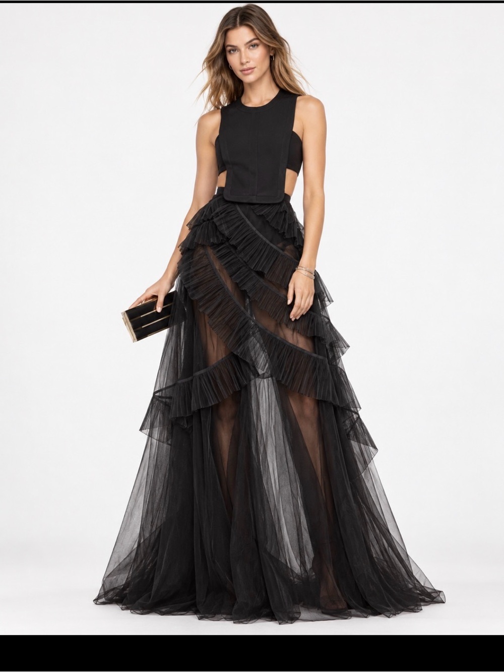 BCBGMaxAzria Black Layered Tulle Maxi Skirt